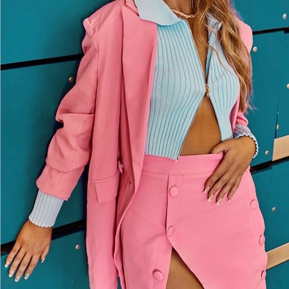 Pretty Little Thing Candy Pink Woven Button Sleeve Detail Blazer - Picture 7 of 9